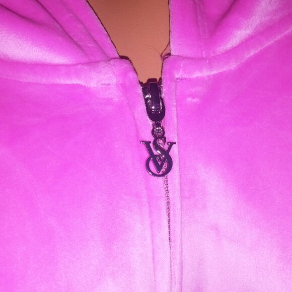 Victoria Secret Jogger Set Crop Top Sweater & Pants Velour Pink Pockets Solid Zi - Picture 7 of 14